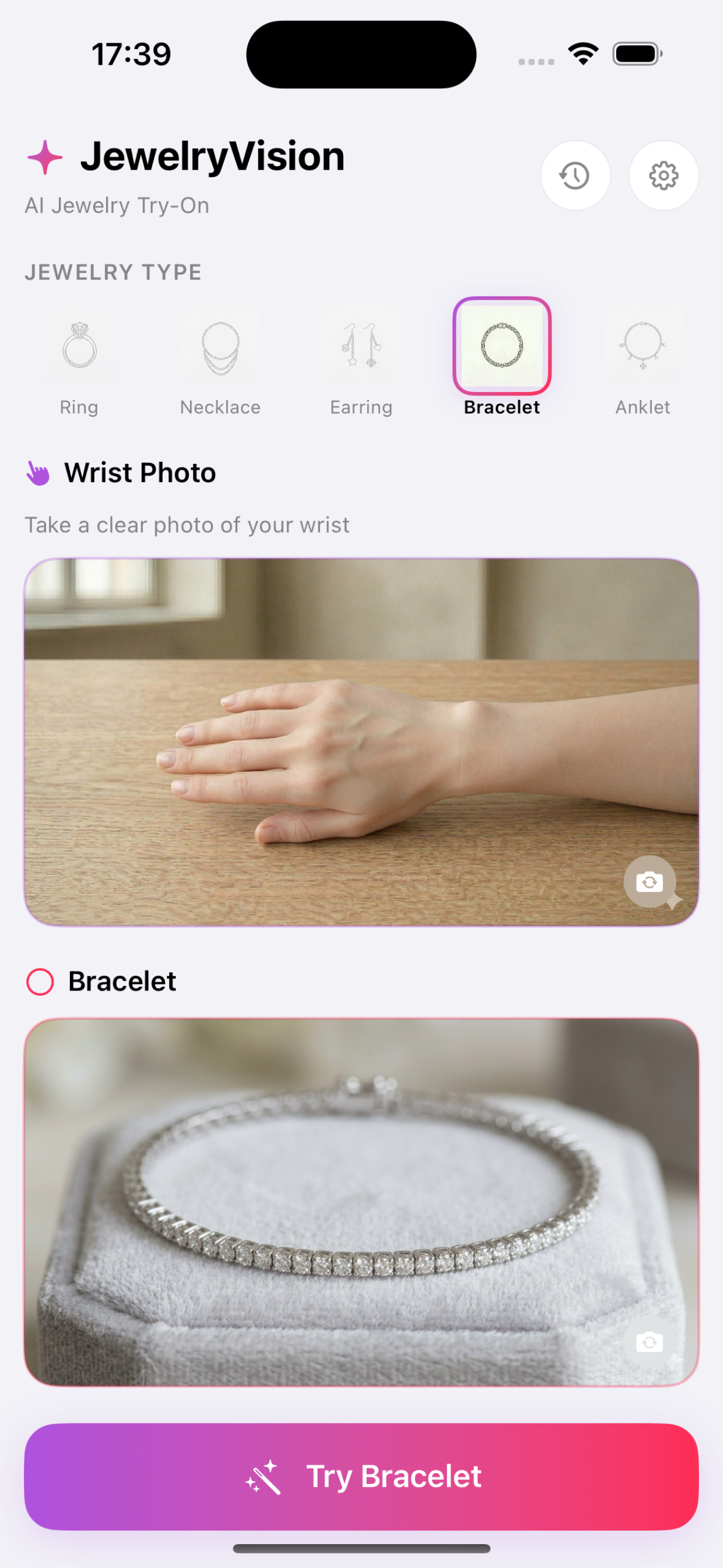 Virtual bracelet try-on setup with wrist photo in JewelryVision