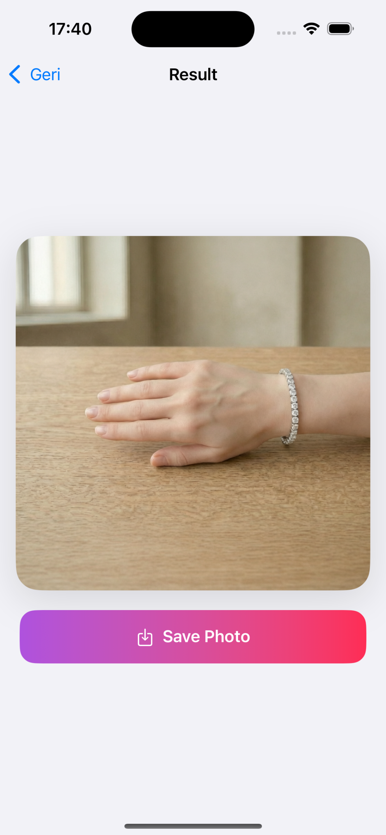 AI bracelet try-on result showing realistic rendering on wrist
