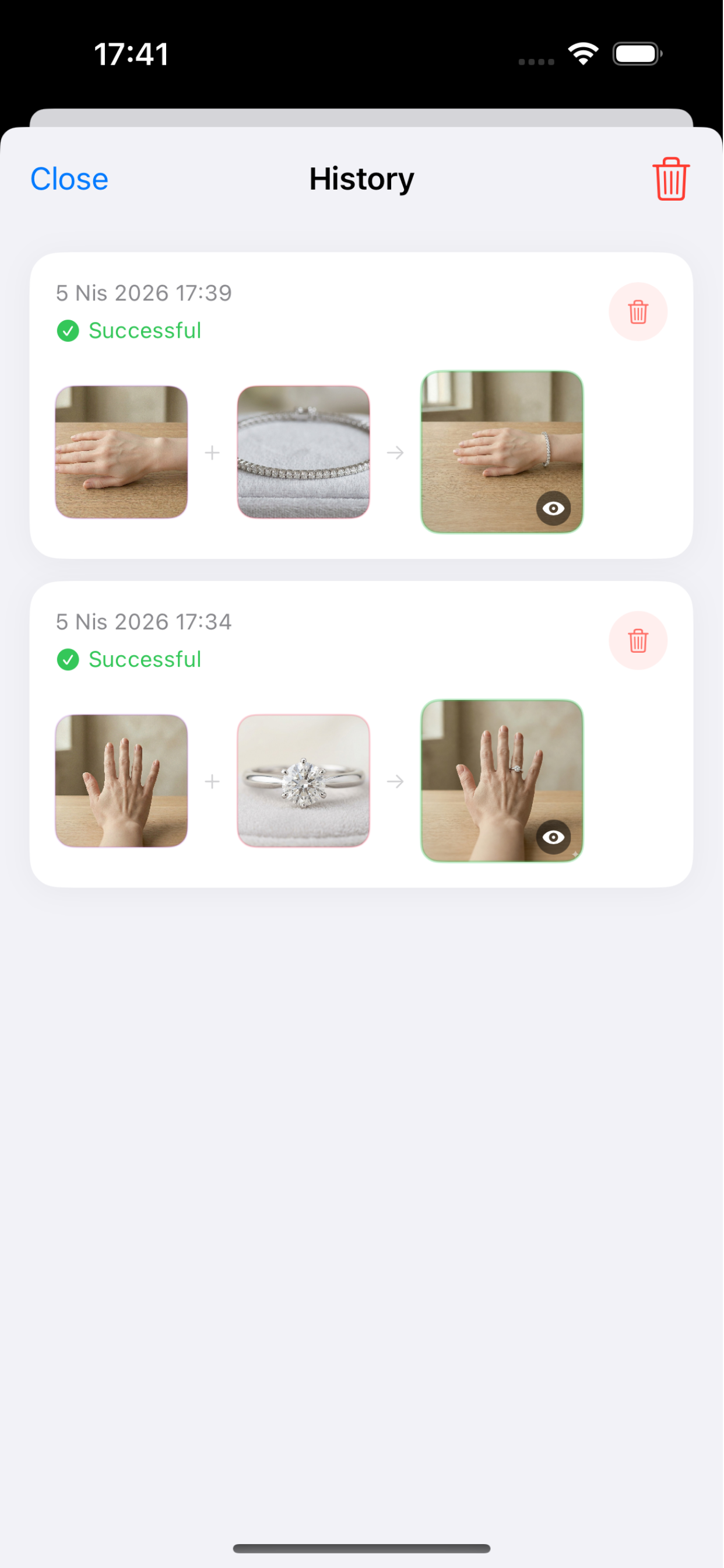 JewelryVision try-on history showing saved jewelry try-on results