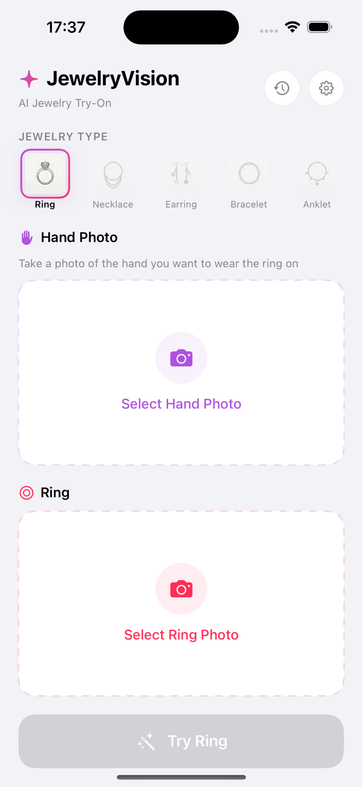 JewelryVision app home screen with jewelry category selection for virtual try-on